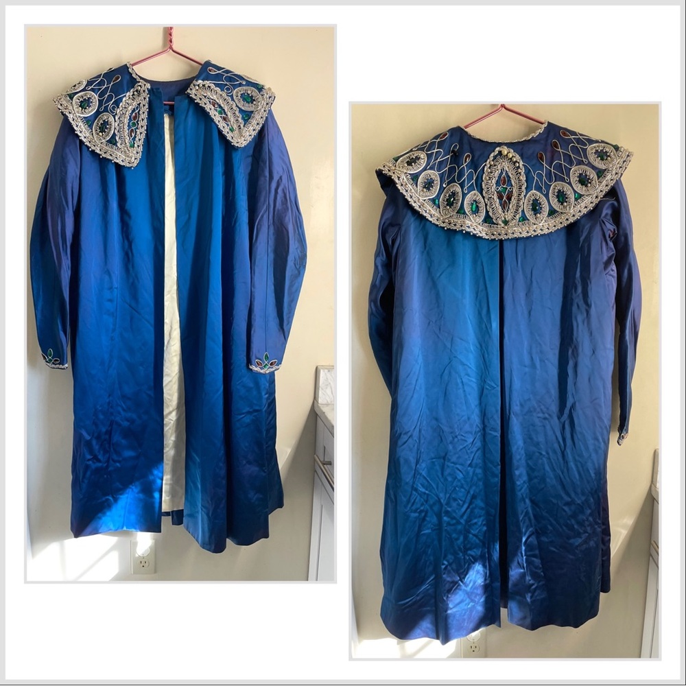 Vintage Handmade Blue Cloak Coat FIT Design School Beaded & Embroidered Satin